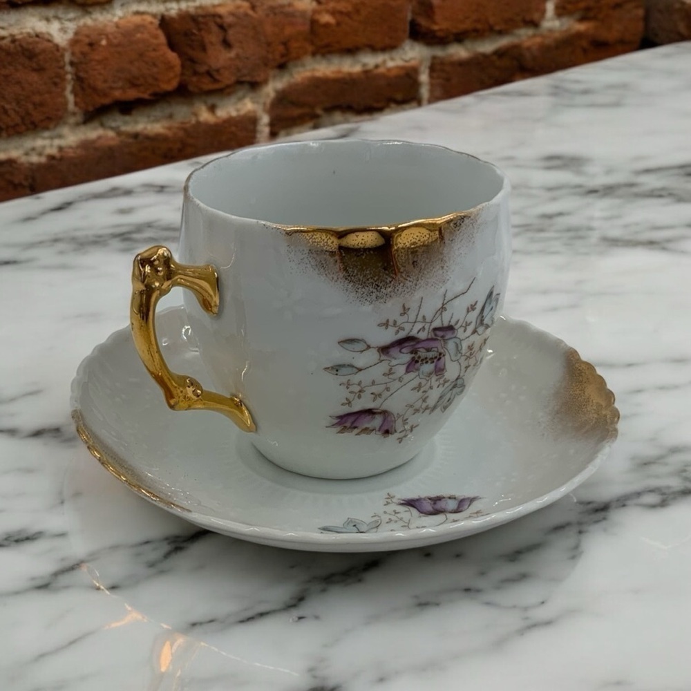 Vintage Teacup And Saucer Dresden Germany, Floral Embossed, Painted Design, Gold - Picture 2 of 10